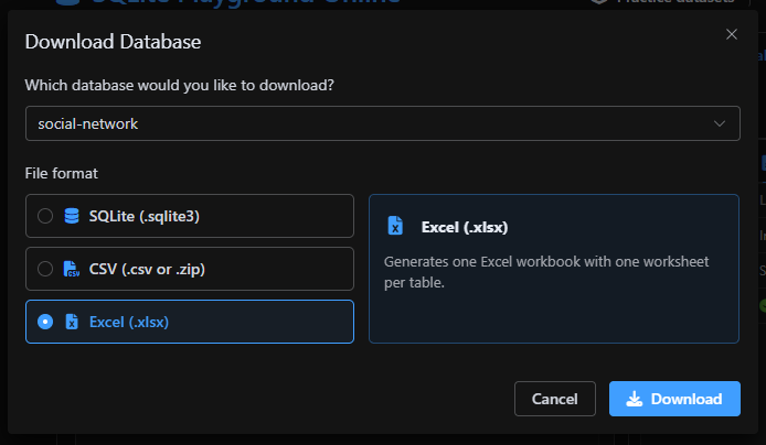 Download Database dialog with the Excel option selected