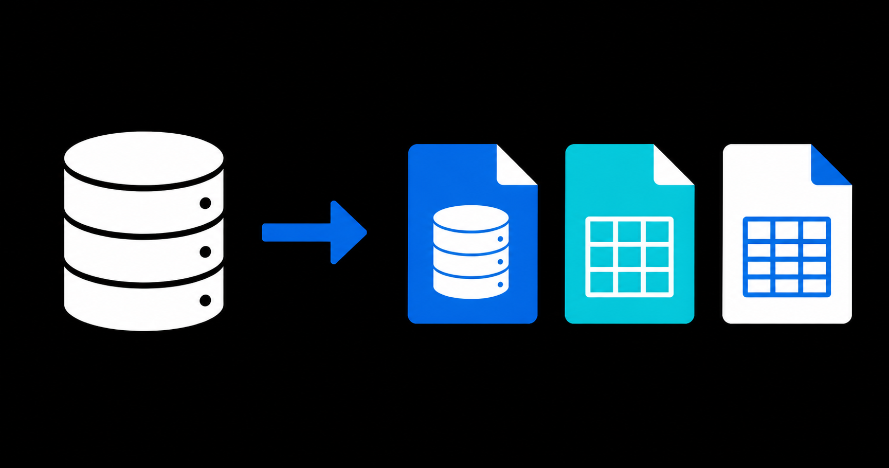 Ilustração de um banco SQLite sendo baixado em arquivos SQLite, CSV e Excel