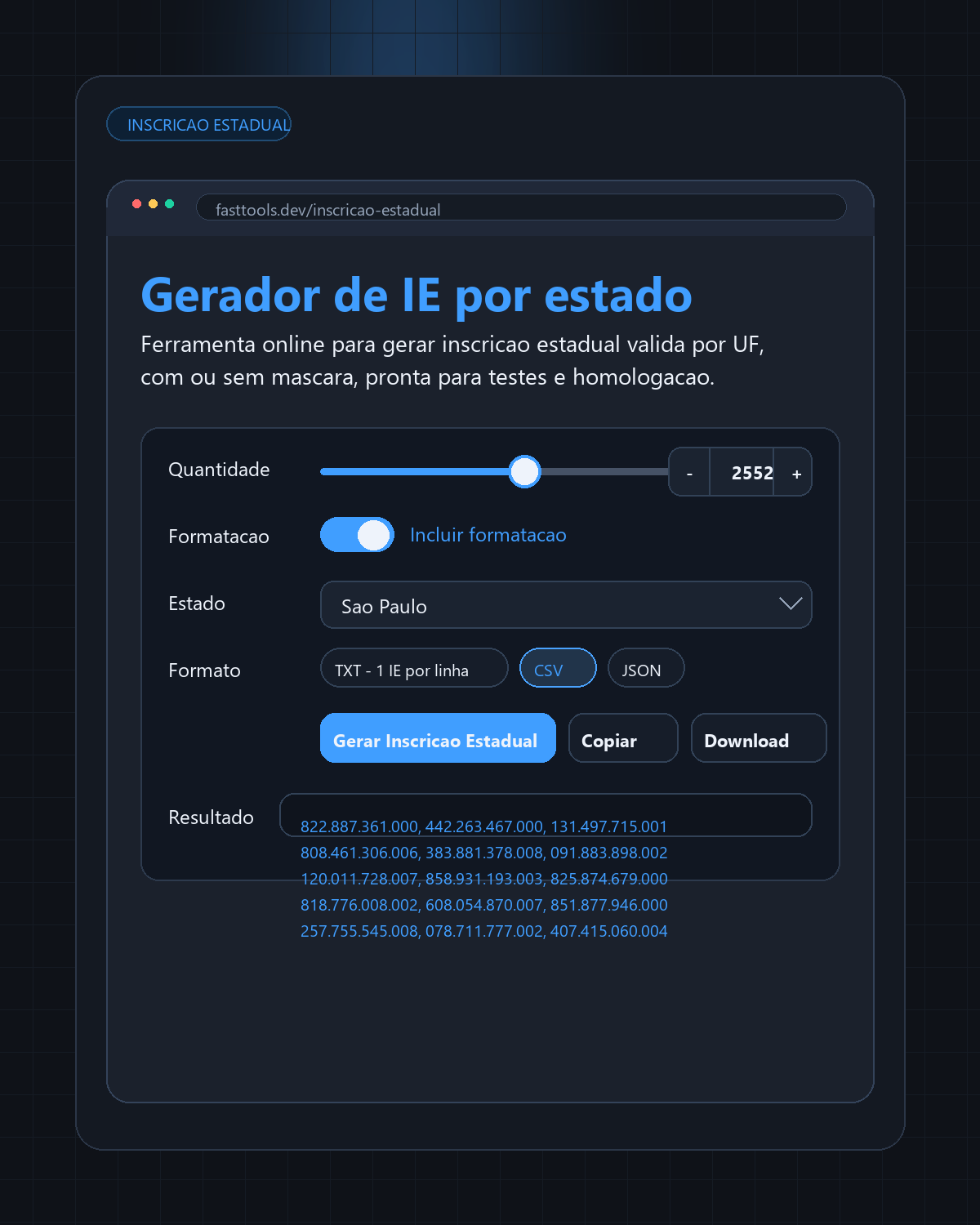 Mockup escuro do gerador de inscrição estadual em uma interface visual compatível com o site